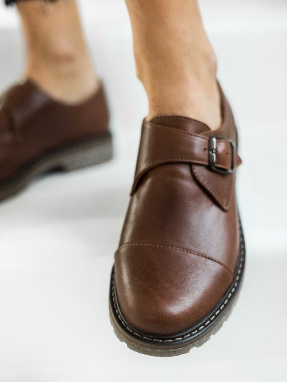 Brown Leather Monk Strap Shoes for Women - Classic Style